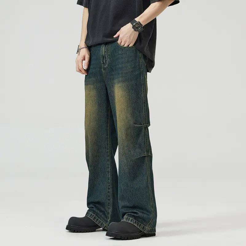 Herren Paneel-Denim Baggyhose mit tiefem Schritt und Used-Fade Drune