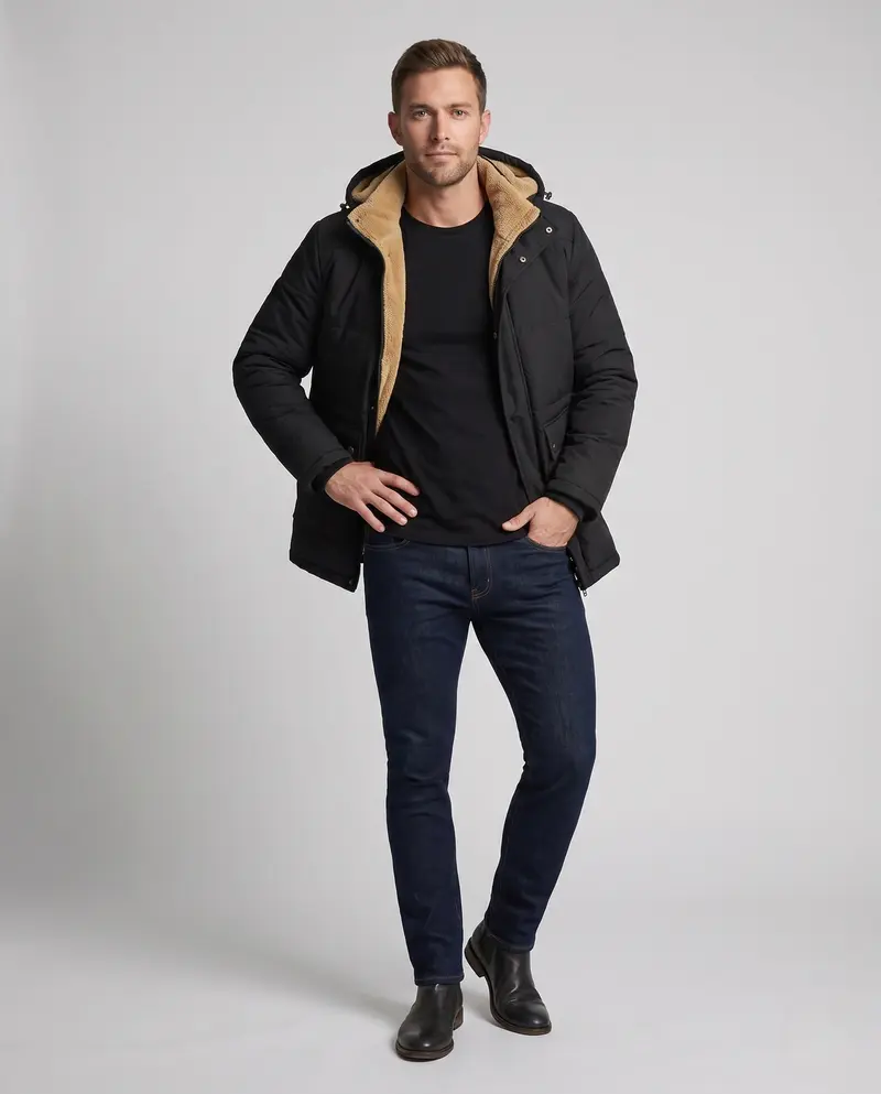Herren Parka mit Kapuze und ganzflächigem Teddyfleece-Futter sowie thermischer Isolierung Drune
