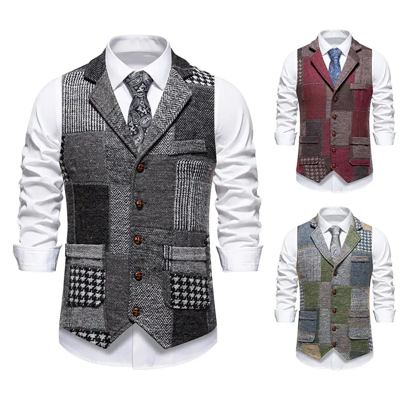 Herren Patchwork-Tweed-Weste mit Reverskragen und Pattentaschen Drune
