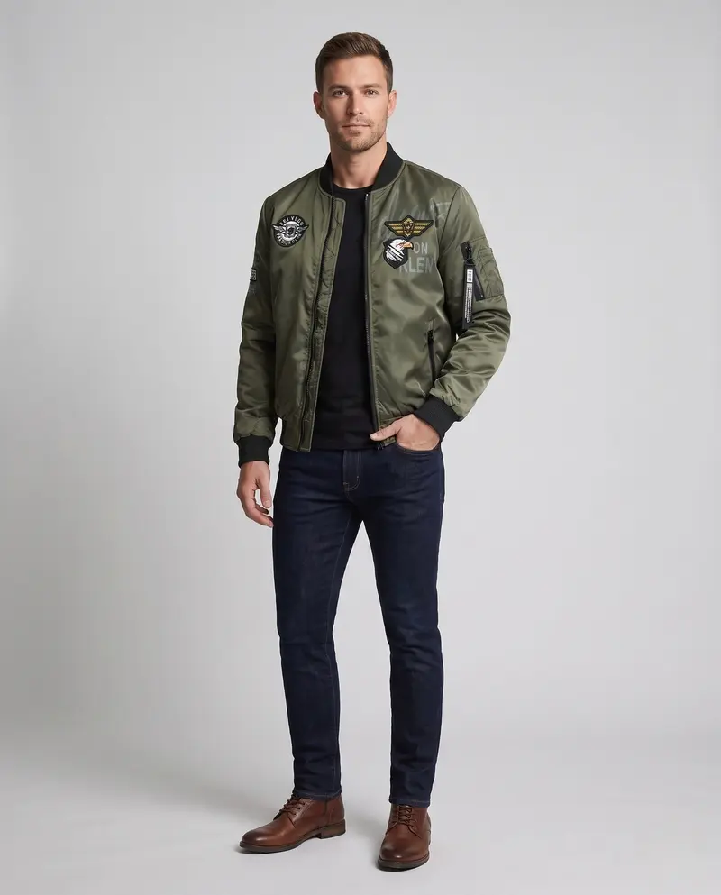 Herren Pilot Bomberjacke im Flugstil mit bestickten Patches und Reißverschlusstaschen