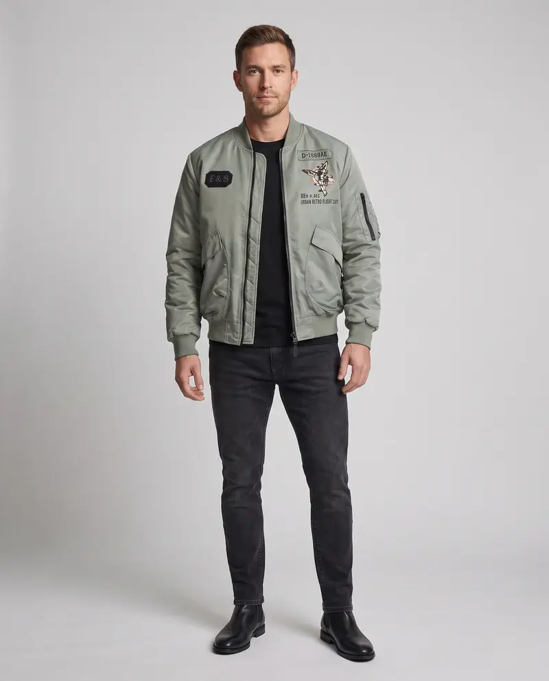 Herren Pilot Bomberjacke im Vintage-Fliegerstil mit gestickten Patches und gepolsterter Isolierung