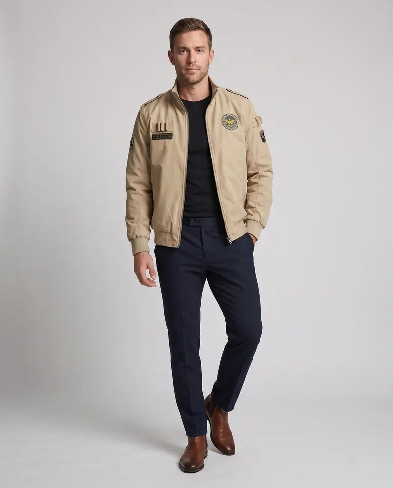 Herren Pilotenjacke im Flight-Stil mit vollem Teddyfutter und Abzeichenapplikationen Drune