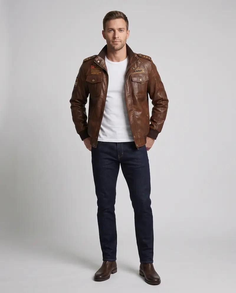 Herren-Pilotjacke aus synthetischem Leder mit wärmendem Teddyfutter und Schulterepauletten Drune