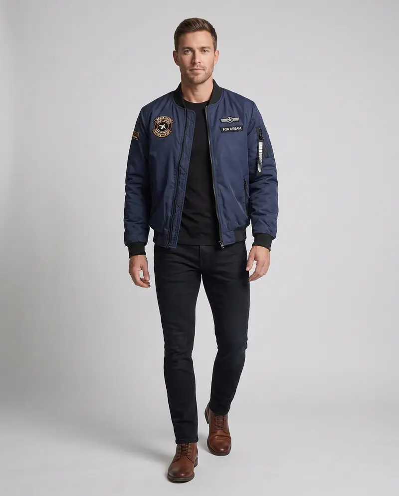 Herren Pilotstil Flug Bomberjacke mit Abzeichen Patches und Armtasche