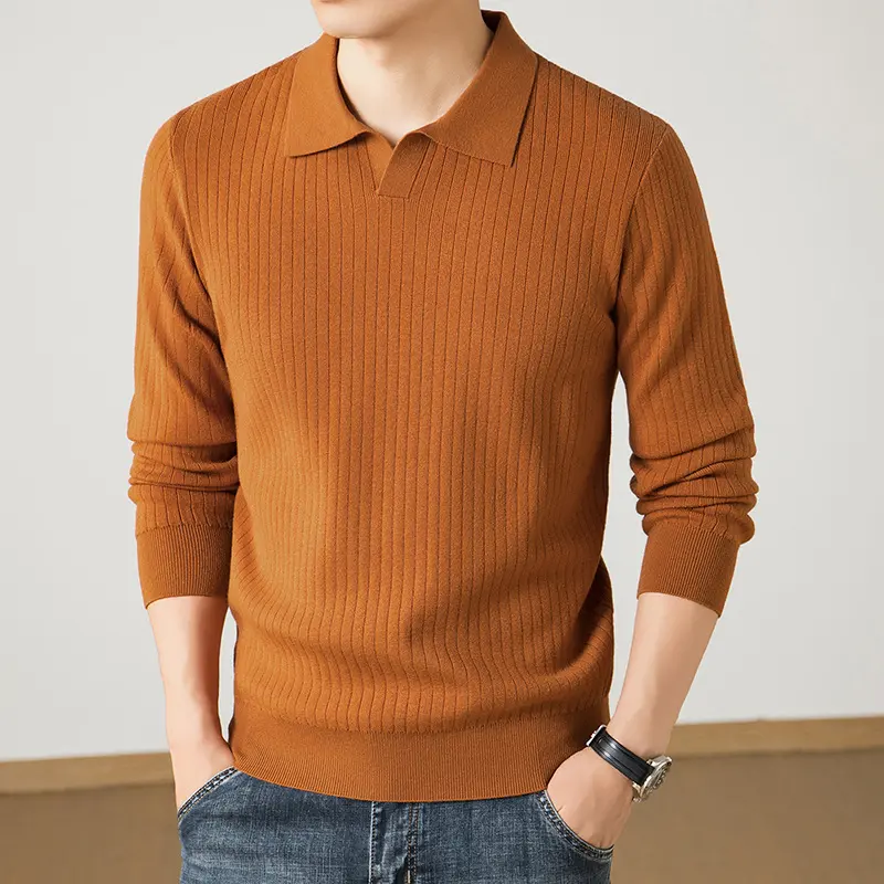 Herren Polokragen-Feinstrickpullover mit Rippstruktur und schmaler Silhouette Drune