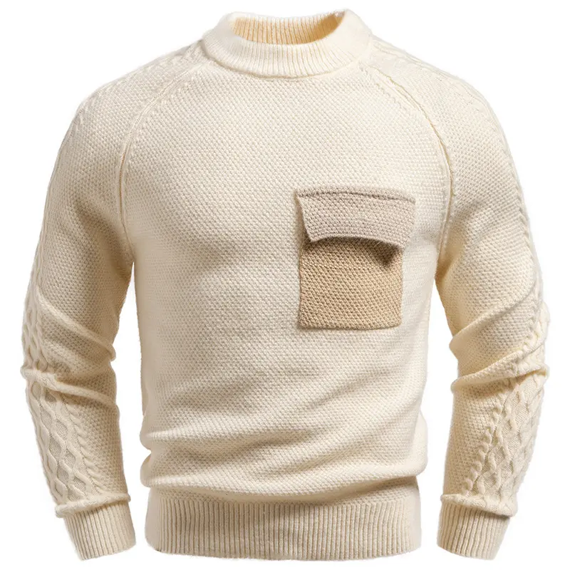 Herren Pullover aus Strukturstrick mit Rundhals, aufgesetzter Brusttasche und Zopfmuster-Ärmeln Drune