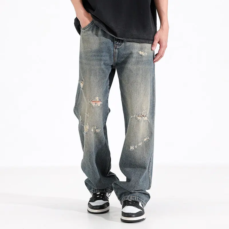 Herren Relaxed Fit Jeans mit Destroyed-Details Drune