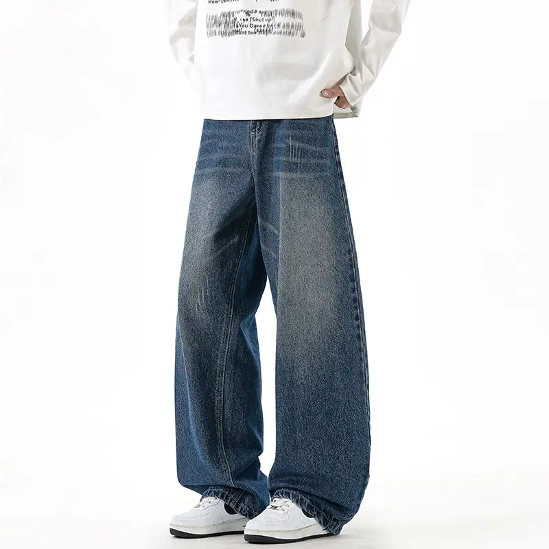 Herren Relaxed Wide‑Leg Denimhose mit extra weitem Bein und Vintage-Fade Drune