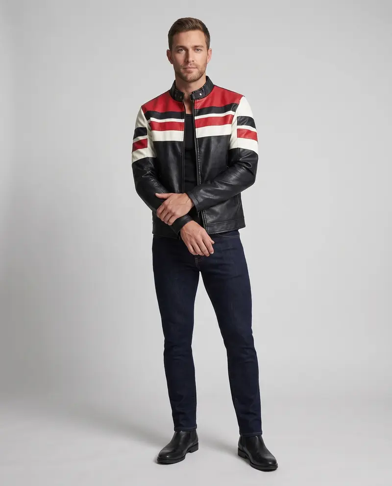 Herren Retro Racing Kunstlederjacke mit Stehkragen und Slim Fit