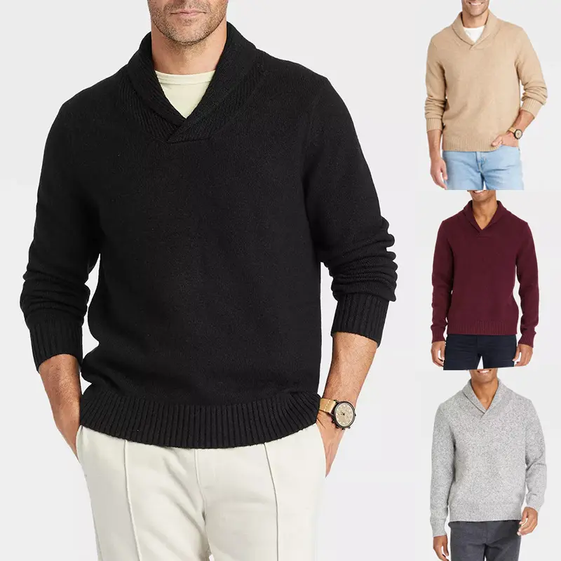 Herren Schalkragen-Pullover aus meliertem Feinstrick mit Rippbündchen Drune