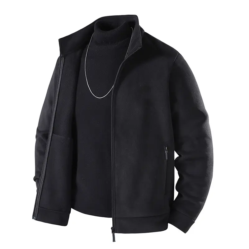 Herren Schlichte Velours-Optik Übergangsjacke mit hochschließendem Stehkragen, verdecktem Zwei-Wege-Reißverschluss & Zip-Taschen Drune