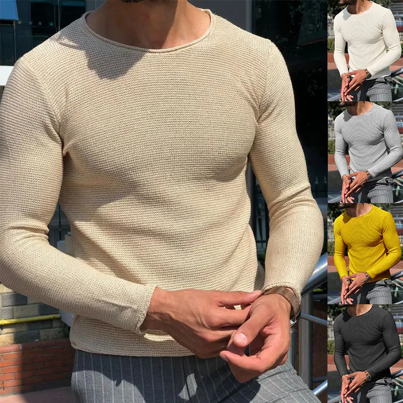 Herren Schmal geschnittener Strukturstrick-Langarmpullover mit Rundhalsausschnitt Drune