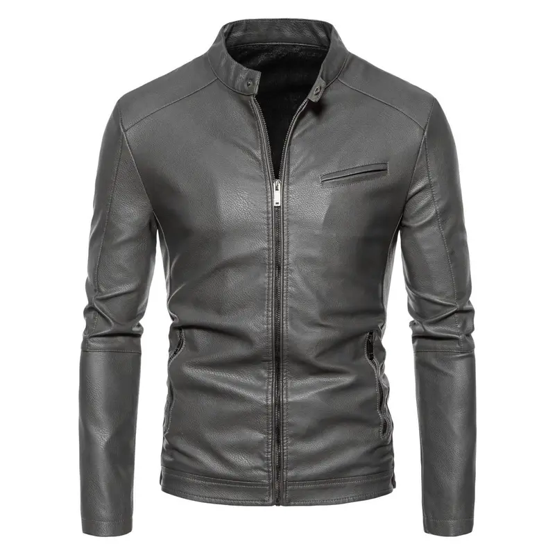Herren Schmale Kunstleder-Bikerjacke mit Stehkragen, Innenfutter aus Kunstfell und Reißverschlusstaschen Drune