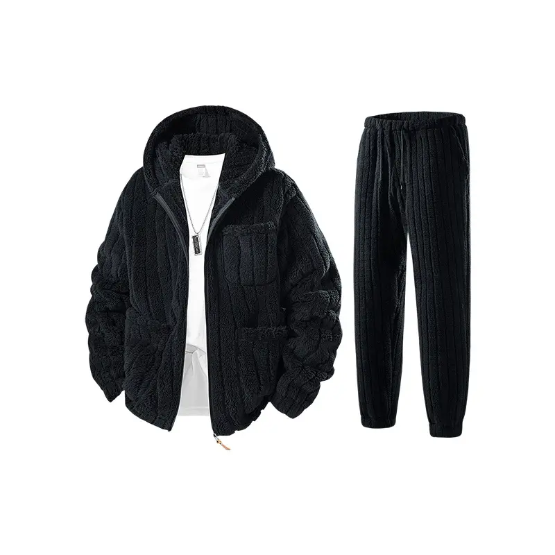 Herren Sherpa-Fleece-Set mit Kapuzenjacke, Reißverschluss und elastischer Jogginghose Drune