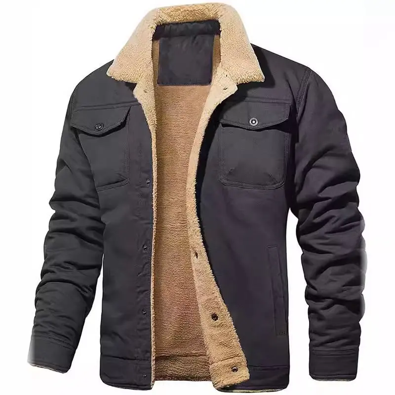 Herren Sherpa-gefütterte Canvas-Truckerjacke mit Teddyfell-Innenfutter und Hemdkragen Drune