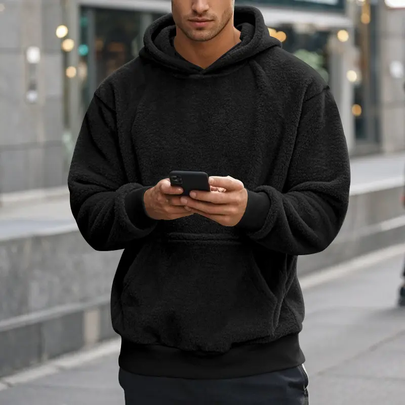 Herren Sherpa-Kapuzenpullover im Teddy-Fleece mit Kängurutasche und Rippbündchen Drune