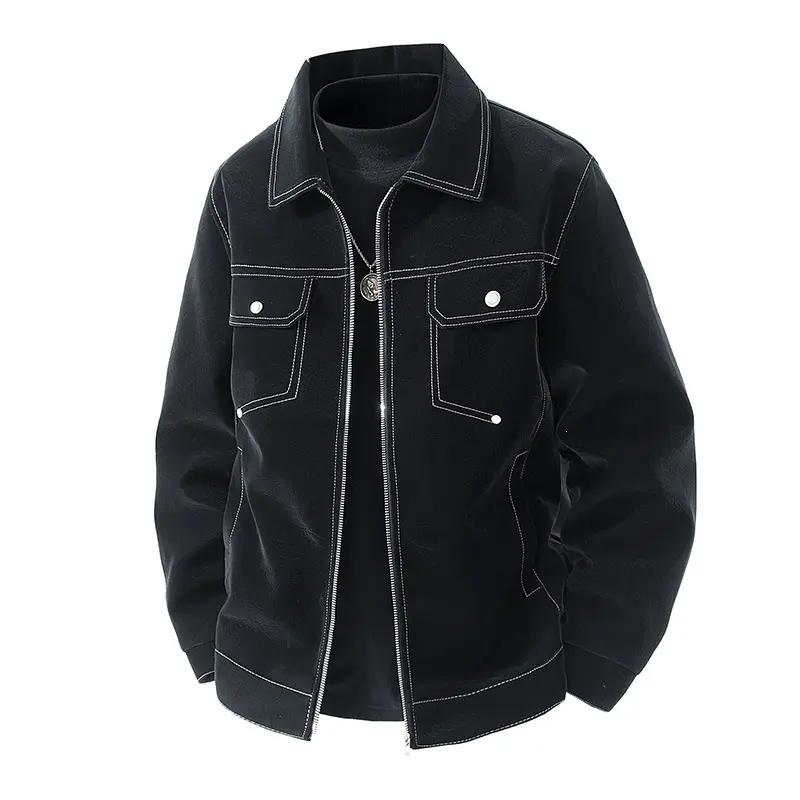 Herren Shirt-Jacke aus Veloursleder‑Optik mit kontrastierenden Ziernähten & Brustklappen Drune