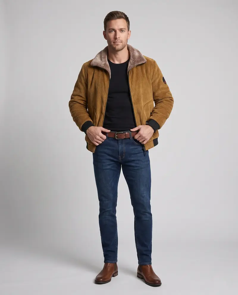 Herren Short Cord Bomber mit Sherpa-Futter und hohem Kragen Drune