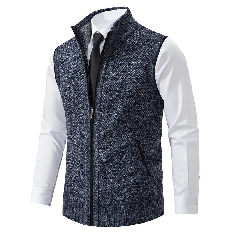 Herren Slim-Fit Ärmellose Strukturstrickweste mit Stehkragen und Frontreißverschluss Drune