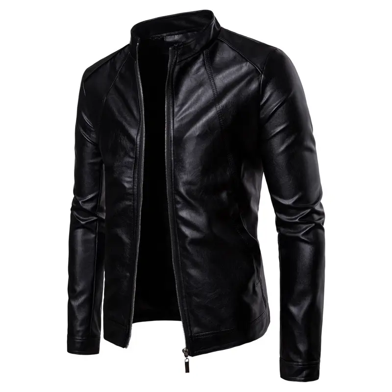 Herren Slim-Fit Biker-inspirierte Kunstlederjacke mit Stehkragen und minimalistischer Nahtführung Drune