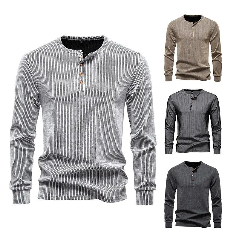 Herren Slim-Fit Gerippter Henley-Langarmpullover mit Rundhalsausschnitt und Knopfleiste Drune