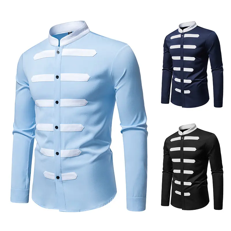 Herren Slim-Fit Hemd mit Stehkragen und dekorativen Paspelstreifen Drune