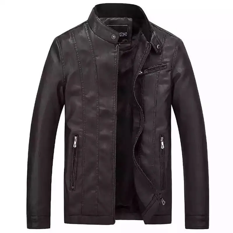 Herren Slim-Fit Kunstlederjacke im Bikerstil mit Stehkragen und vertikalen Ziernähten Drune