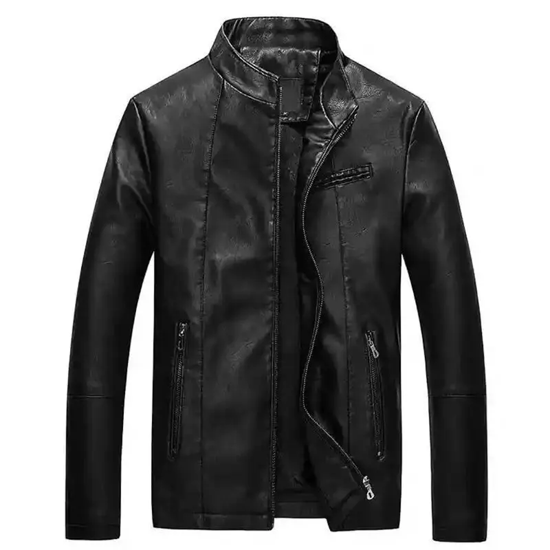 Herren Slim-Fit Kunstlederjacke mit Stehkragen und Reißverschlusstaschen Drune