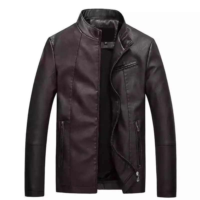 Herren Slim-Fit Kunstlederjacke mit Stehkragen und verdecktem Reißverschluss Drune