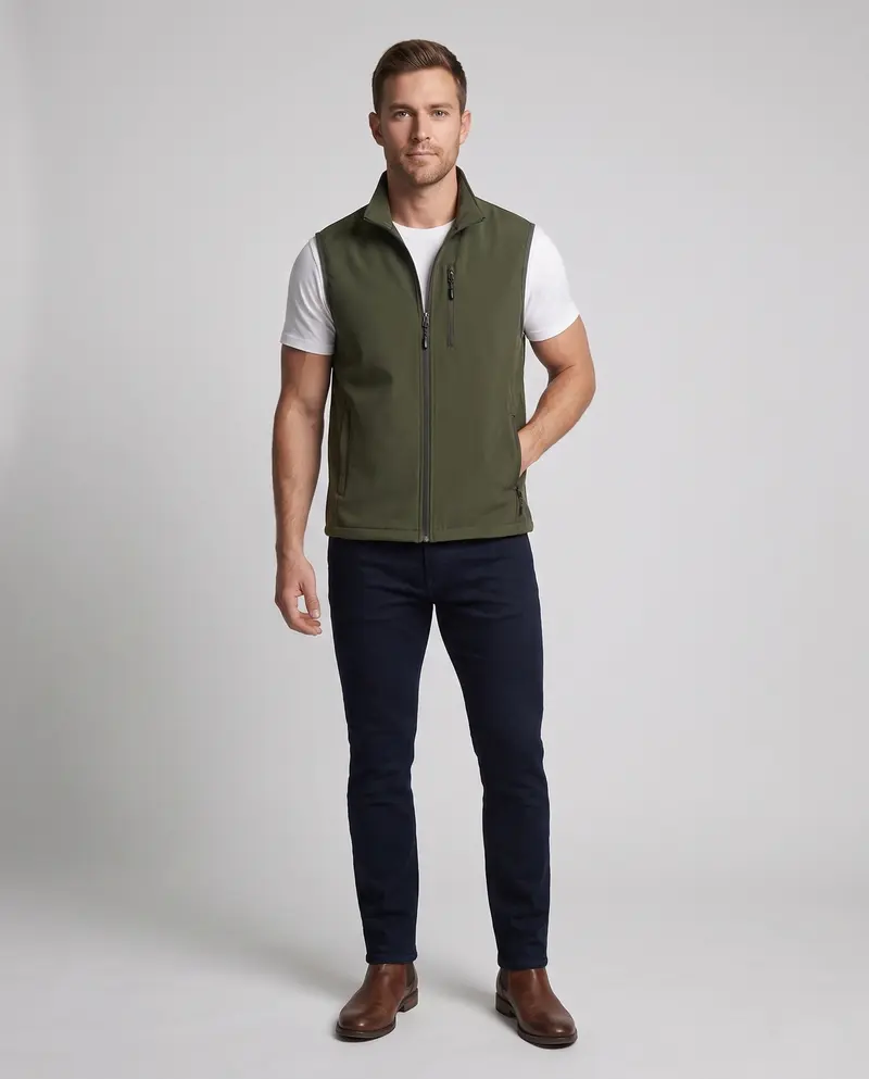 Herren Softshell Outdoor-Weste mit Stehkragen, winddichter Membran und Brust-Reißverschlusstasche