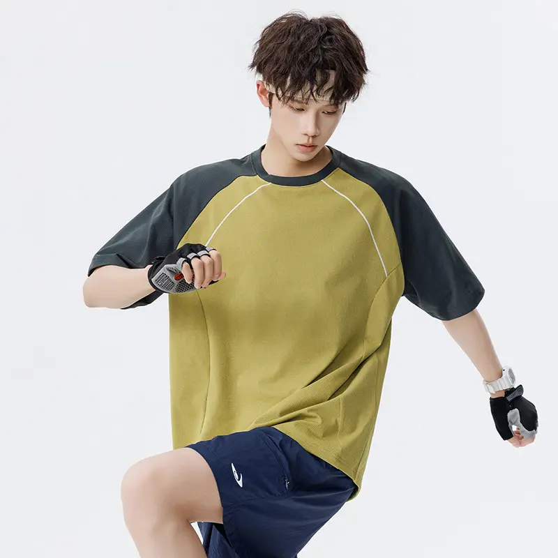 Herren Sportives Oversize Waffelstruktur-Raglan-T-Shirt mit Kontrastärmeln und atmungsaktivem Funktionsjersey Drune