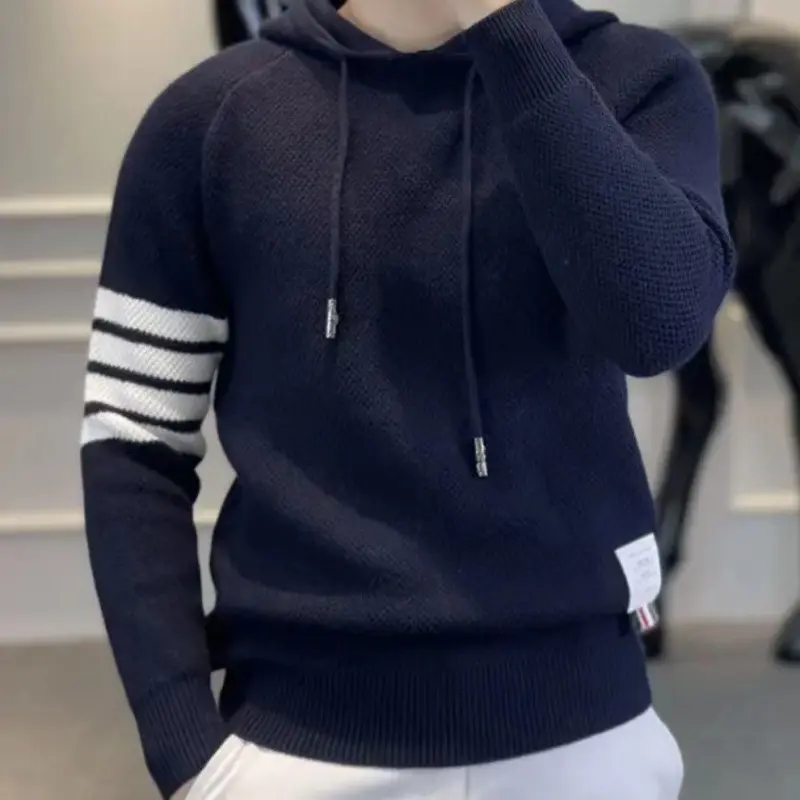 Herren Sportlicher Strickpullover mit Kapuze und Streifen Drune