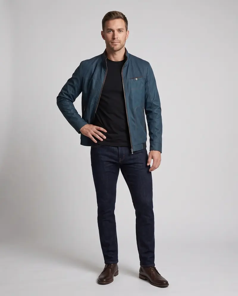 Herren Stehkragen Kunstlederjacke mit perforierten Schultereinsätzen, Reißverschlussfront und gemustertem Innenfutter