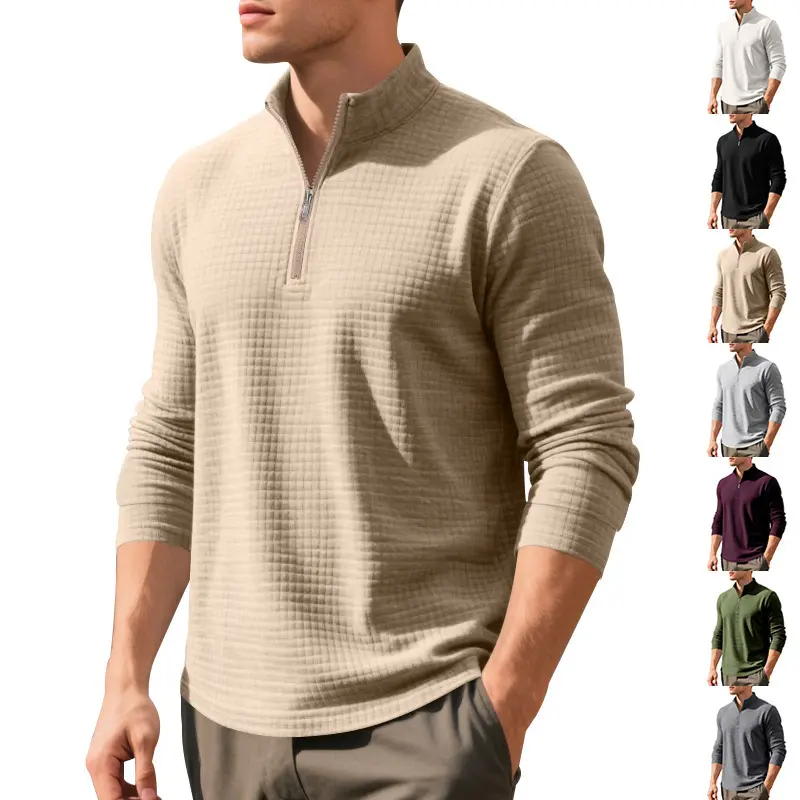 Herren Stepp-Quarter-Zip-Pullover mit Karomuster und Stehkragen Drune