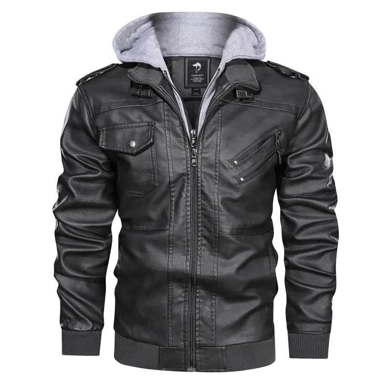 Herren Stilvolle Kunstlederjacke mit integrierter Kapuze Drune