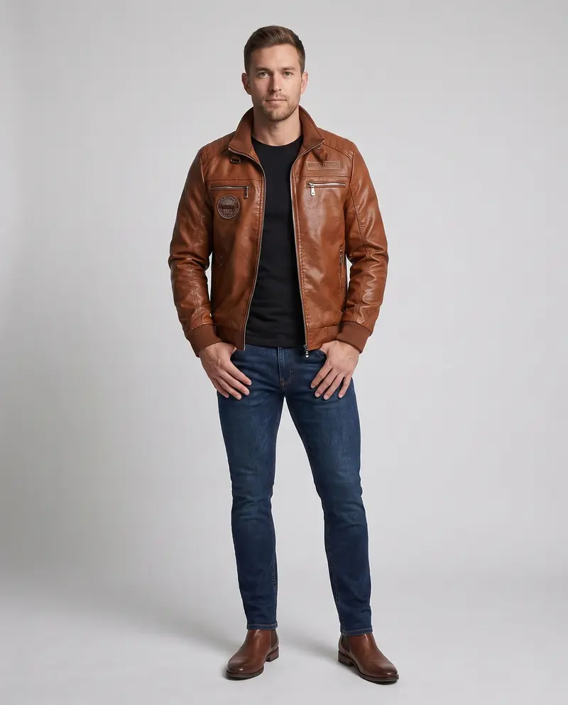 Herren Stilvolle Lederjacke mit Hohem Kragen Drune