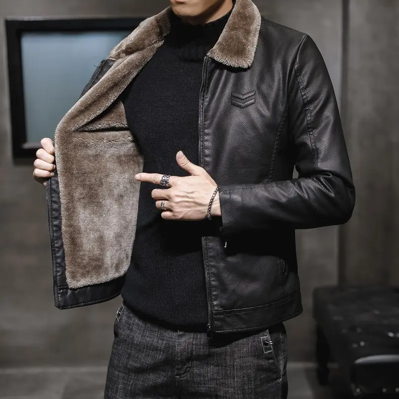 Herren Stilvolle Lederjacke mit Kunstfellkragen Drune