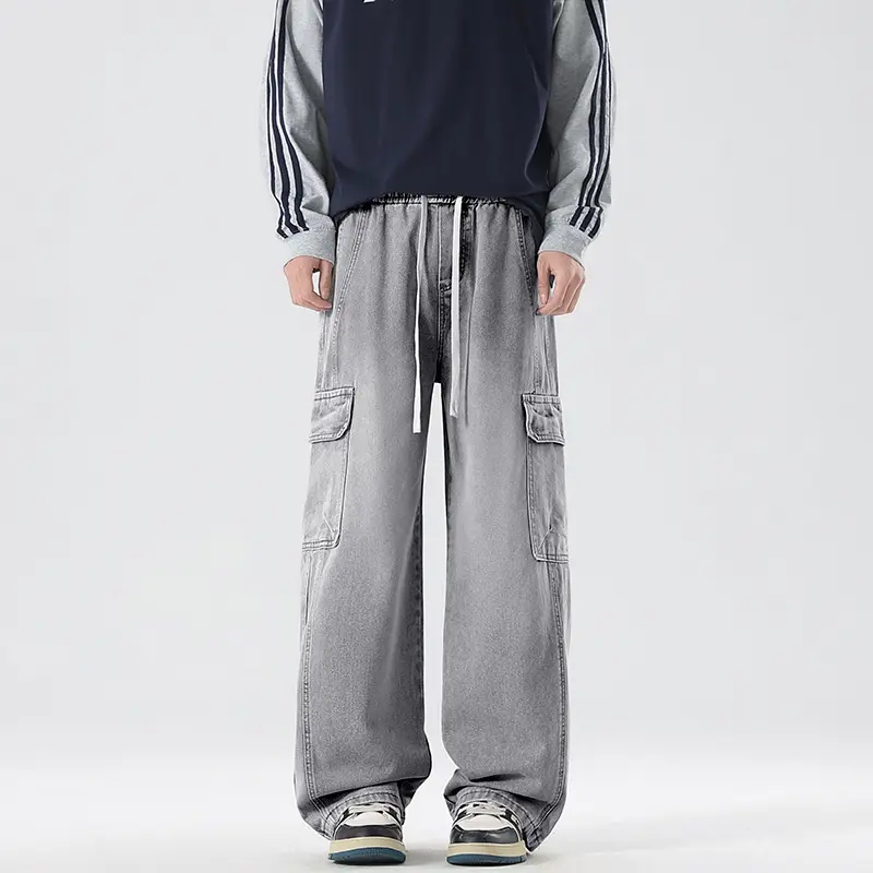 Herren Stonewashed-Denim Cargopalazzo mit extra weitem Bein und sichtbaren Ziernähten Drune