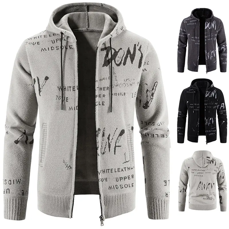 Herren Strick-Kapuzenjacke mit durchgehendem Reißverschluss, grafischem Allover-Print und Eingrifftaschen Drune