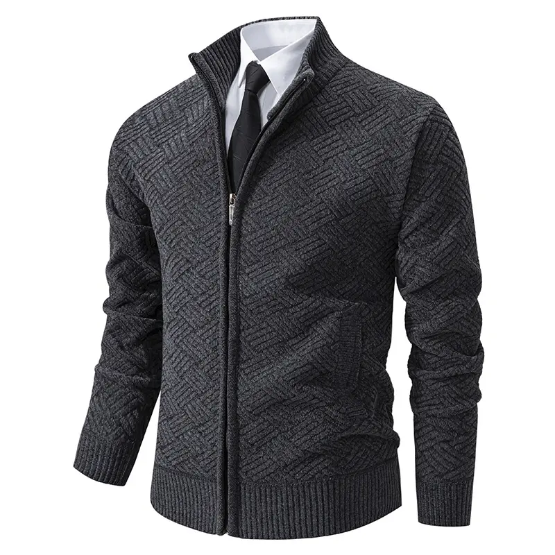Herren Strick-Zipjacke mit geometrischem Strukturmuster und Stehkragen Drune