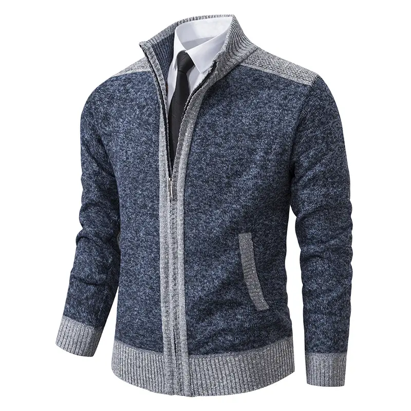 Herren Strickjacke mit Reißverschluss, Stehkragen und kontrastbesetzten Schultern Drune