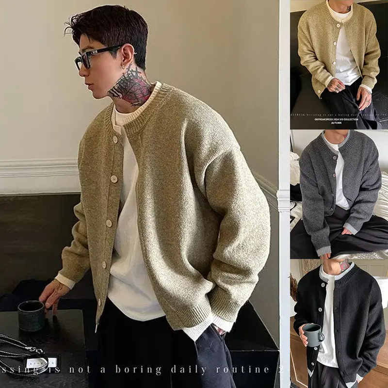 Herren Strickjacke mit Rundhalsausschnitt und Knöpfen Drune