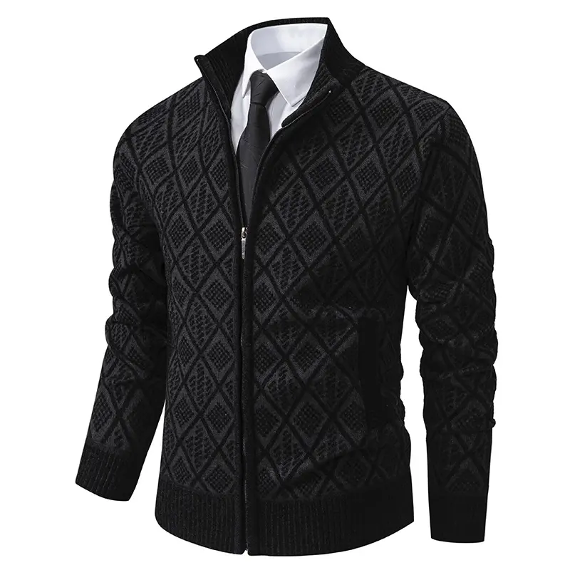 Herren Strickzipjacke mit Rautenmuster, Stehkragen und durchgehendem Reißverschluss Drune