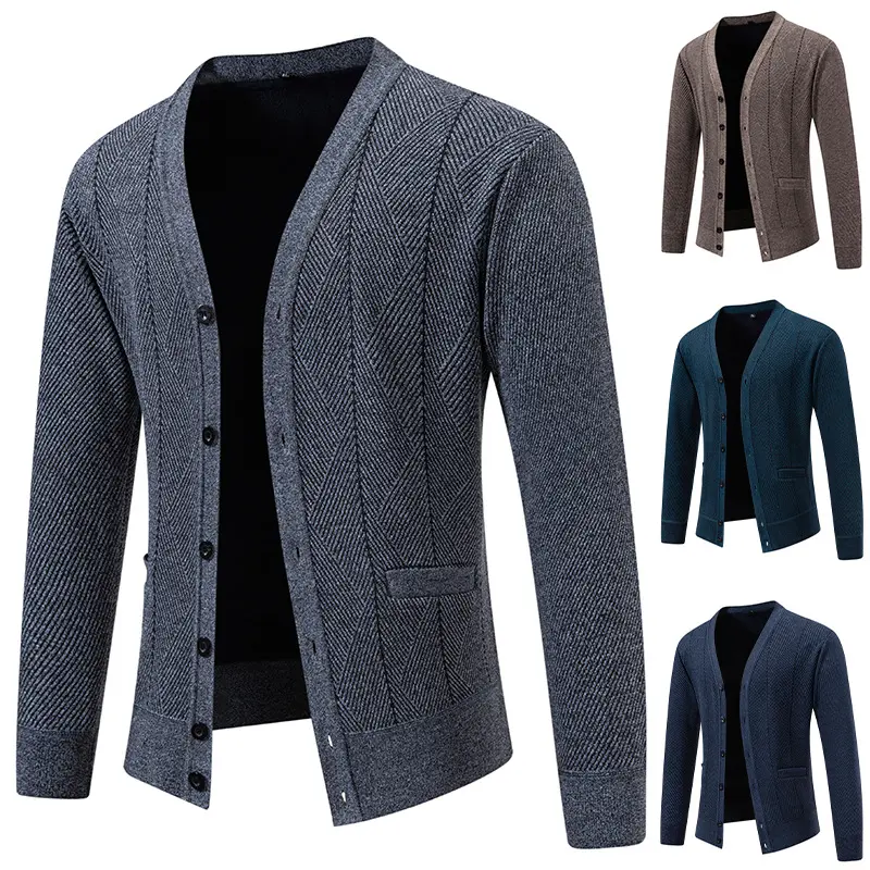 Herren Strukturierter Feinstrick-Cardigan mit Chevron‑Muster, V‑Ausschnitt und Eingrifftaschen Drune