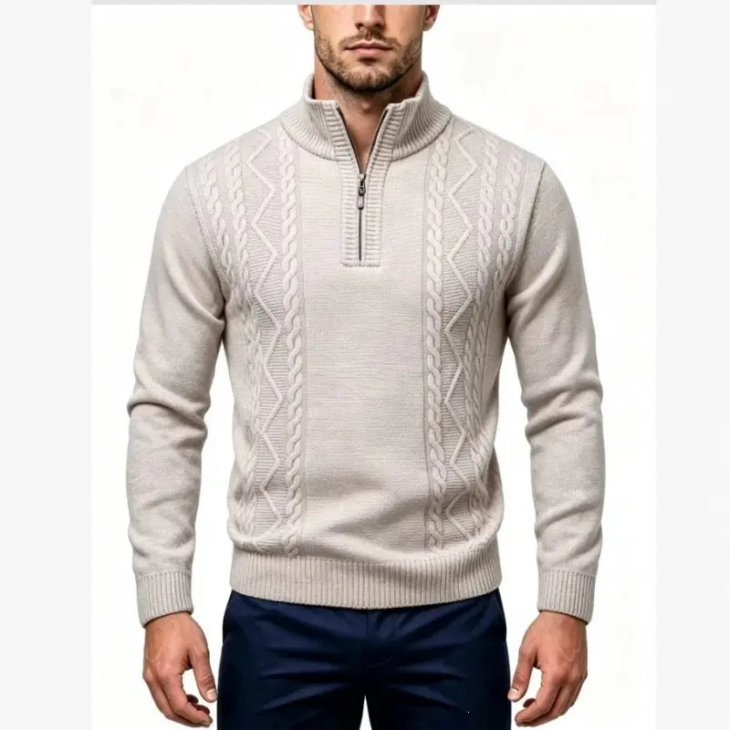 Herren Strukturierter Halbzip-Pullover mit Stehkragen und Zopfmuster-Details Drune