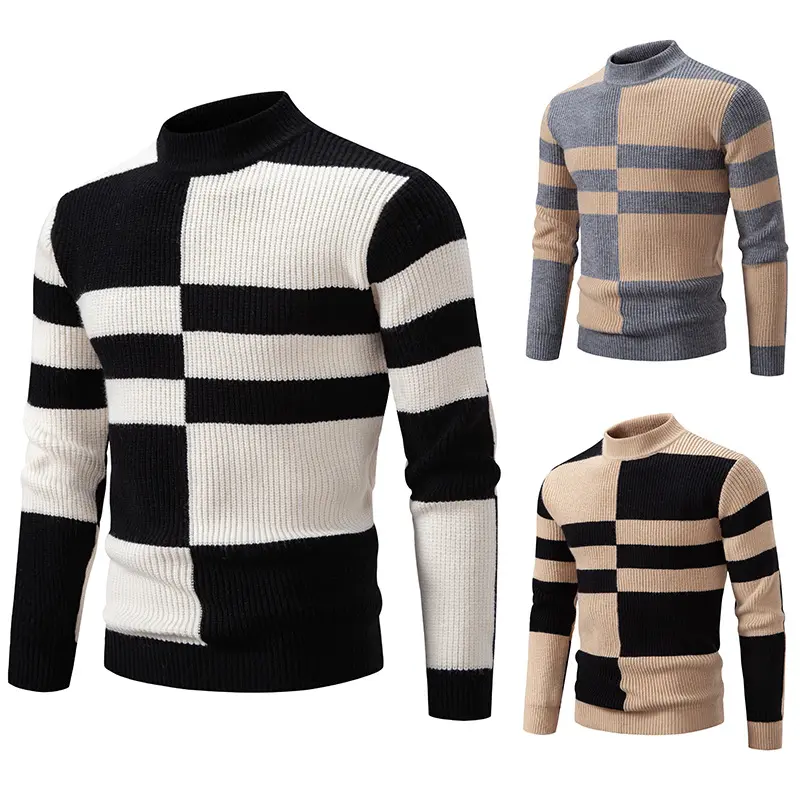 Herren Strukturierter Mockneck-Strickpullover mit asymmetrischem Blockmuster Drune