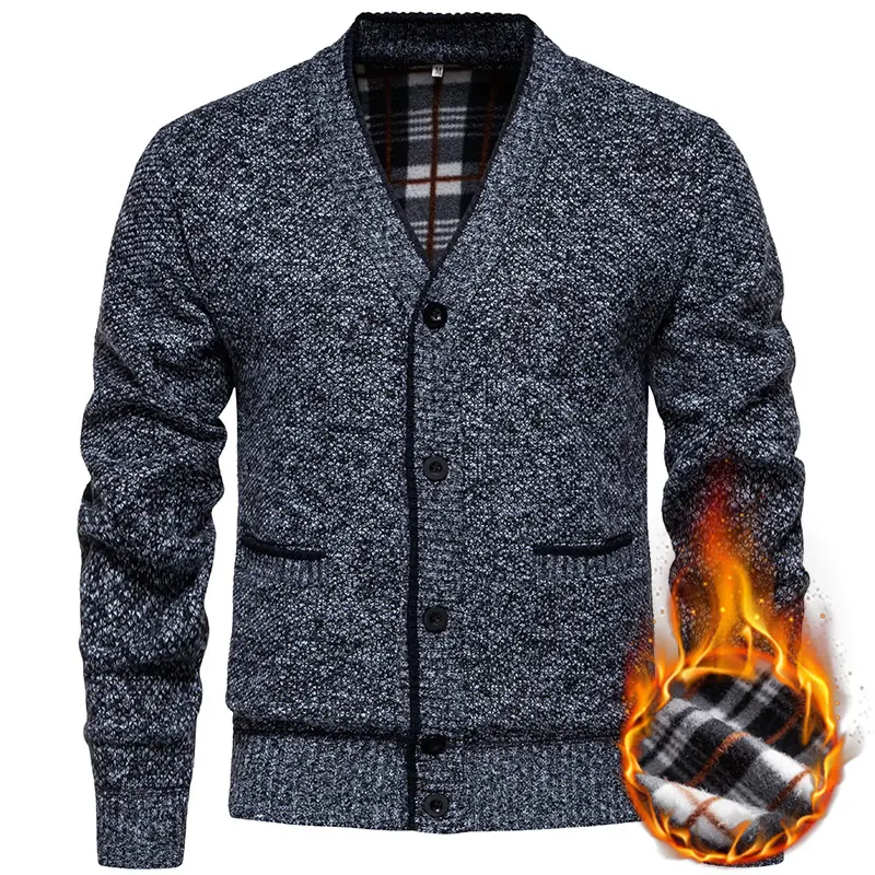 Herren Strukturierter V-Ausschnitt Strickcardigan mit kontrastierter Kante und kariertem Innenbesatz Drune