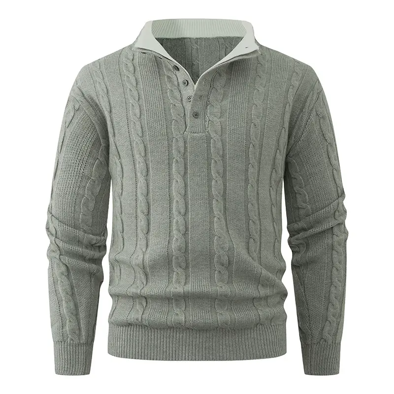 Herren Strukturierter Zopfstrick-Pullover mit Knopfleiste und Stehkragen Drune