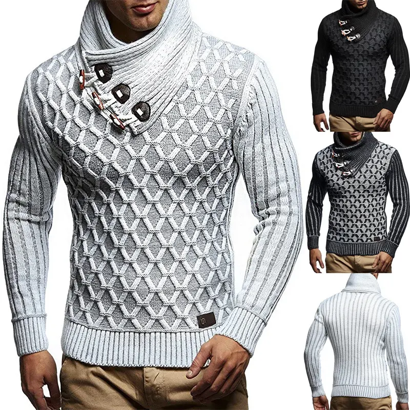 Herren Strukturstrick-Pullover mit überlappendem Rollkragen und Knebelverschlüssen Drune