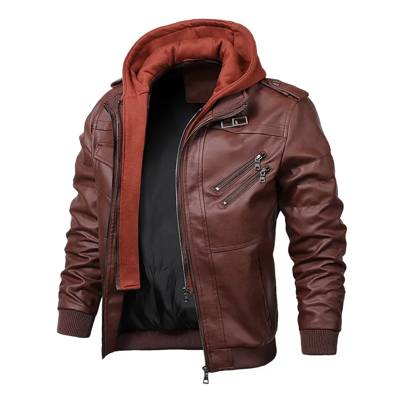 Herren stylische Kunstlederjacke mit Kapuze Drune